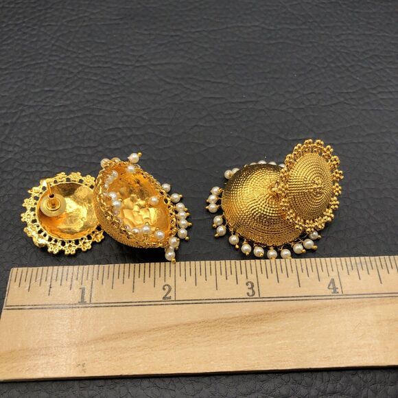 Jhumka Chandelier Earrings Bollywood Faux Pearls Gold Tone Domes - Picture 5 of 6